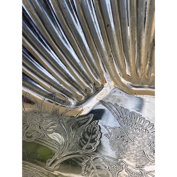 Antique Crumb Pan Tray Clam Shells Etched Bluebird flowers - Picture 10 of 16